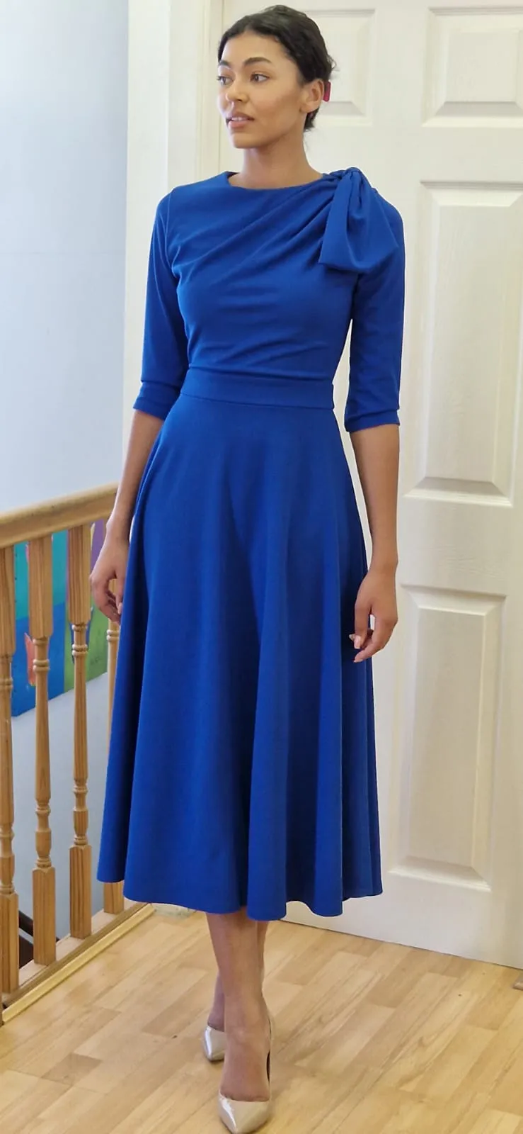 Cath Bow shoulder tea length royal blue dress