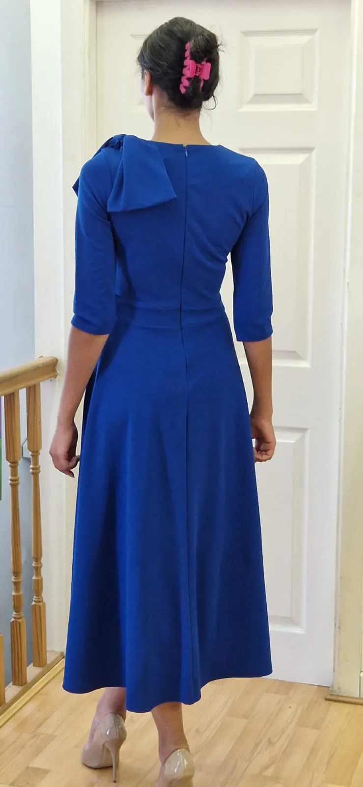 Cath Bow shoulder tea length royal blue dress