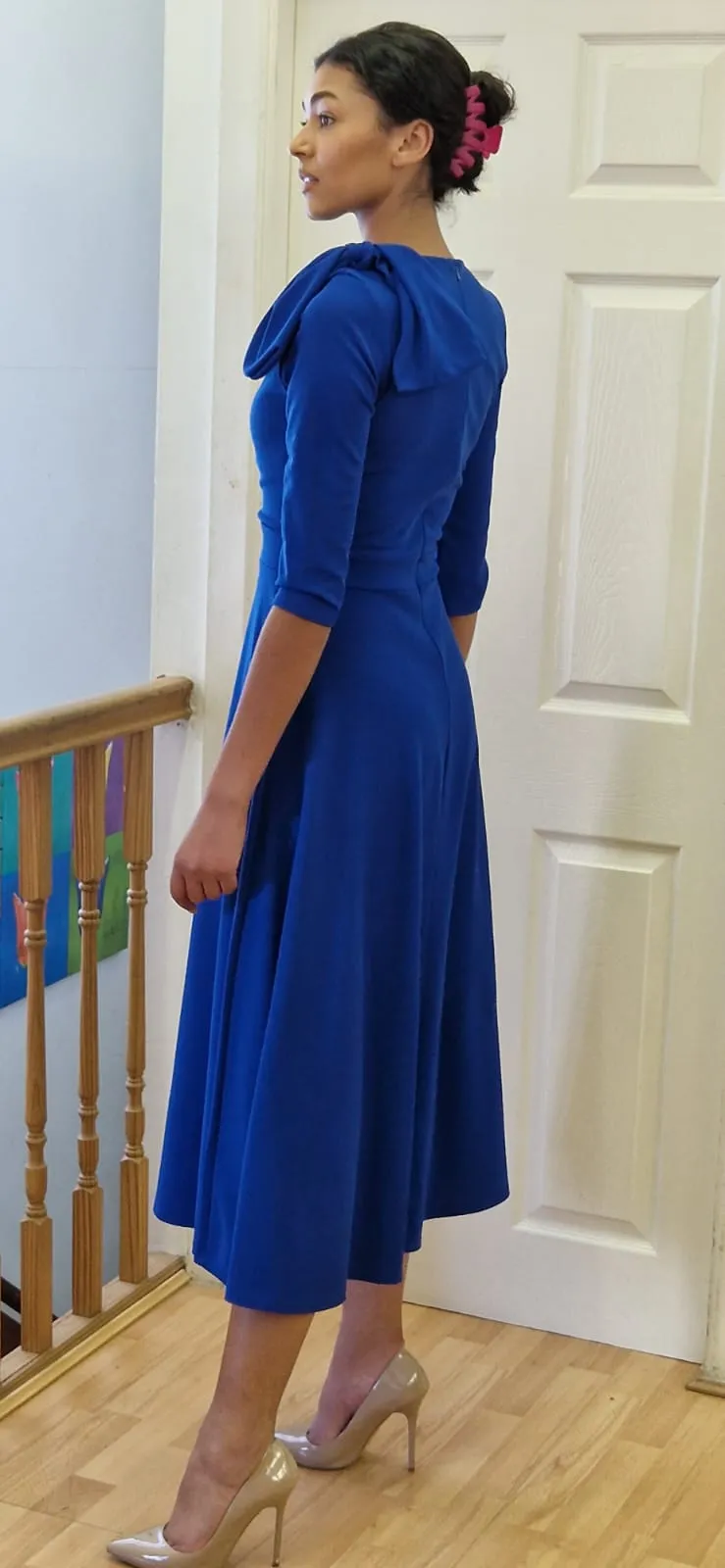 Cath Bow shoulder tea length royal blue dress