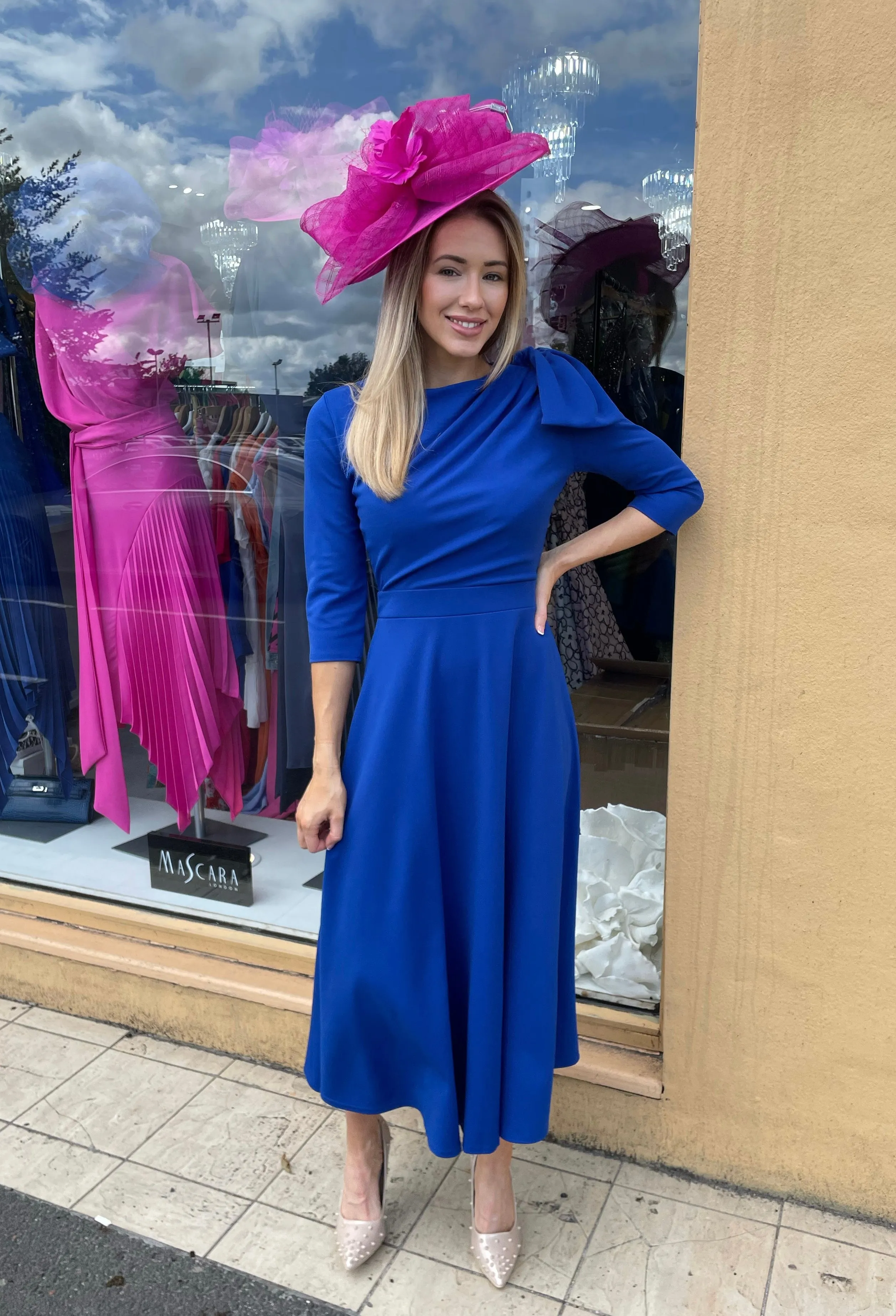 Cath Bow shoulder tea length royal blue dress