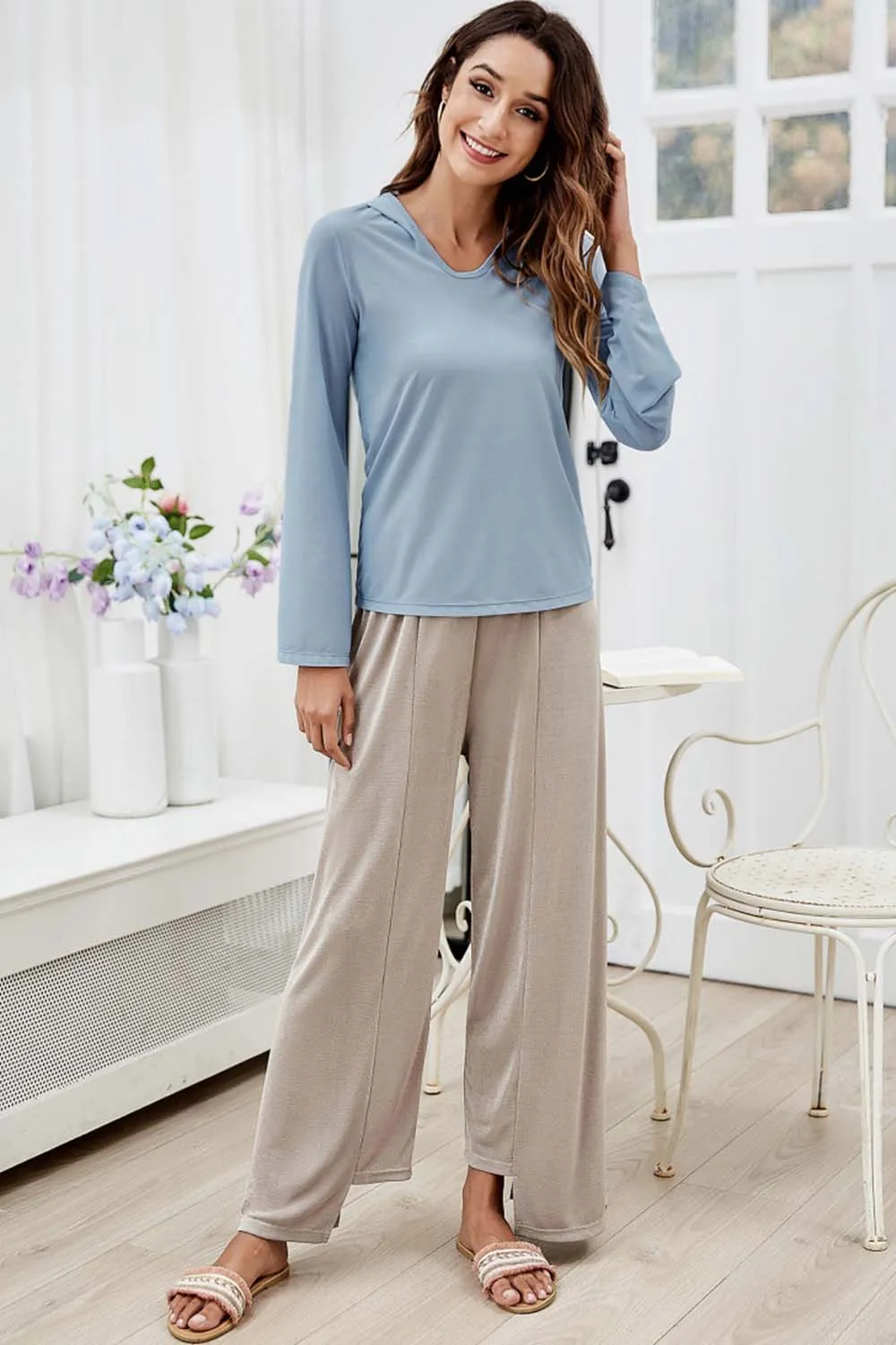 Chiffon Flared Sleeve Hooded T-Shirt