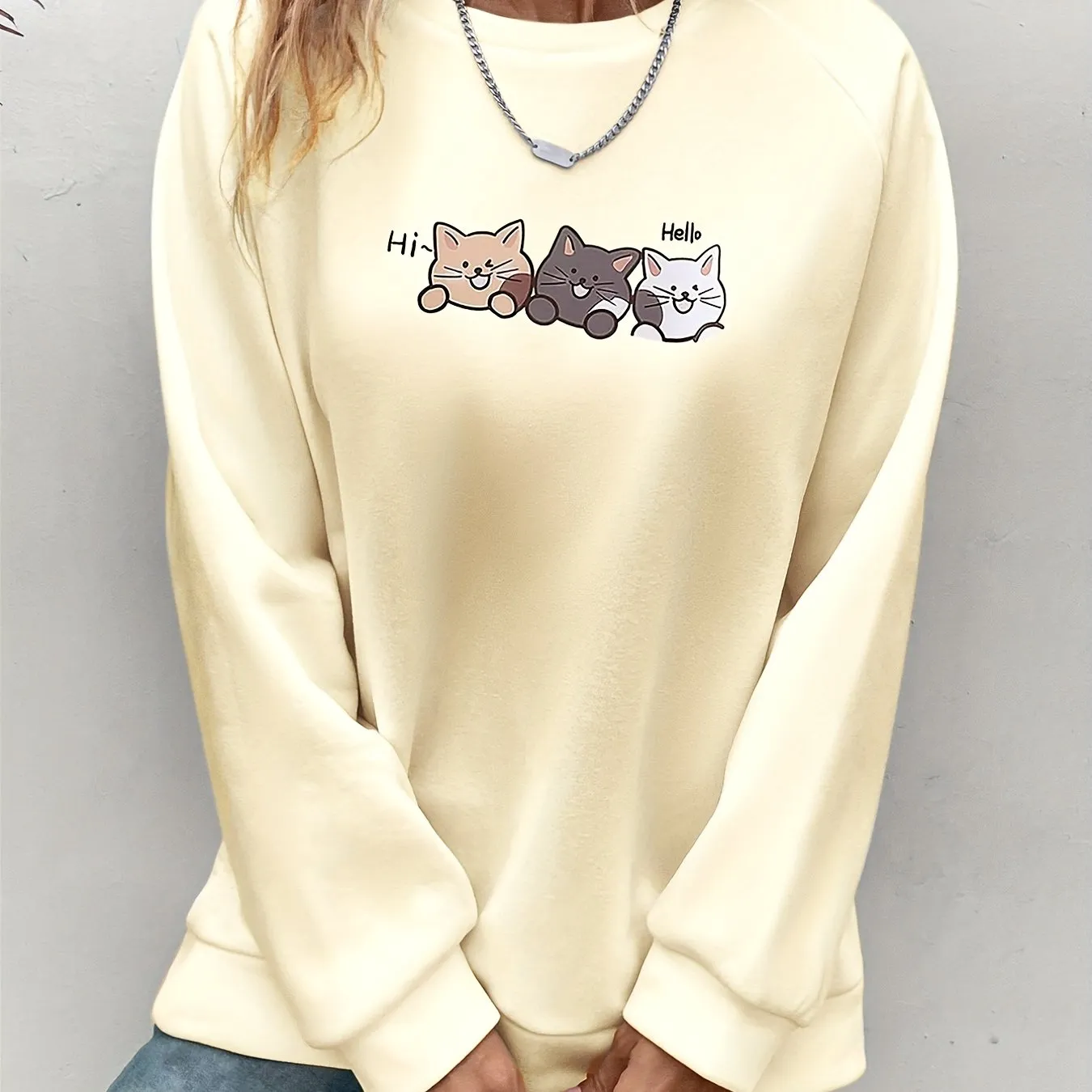 Cozy Fall/Winter Cat Print Sweatshirt - Easy-Care, Micro-Elastic, Casual Style for Women