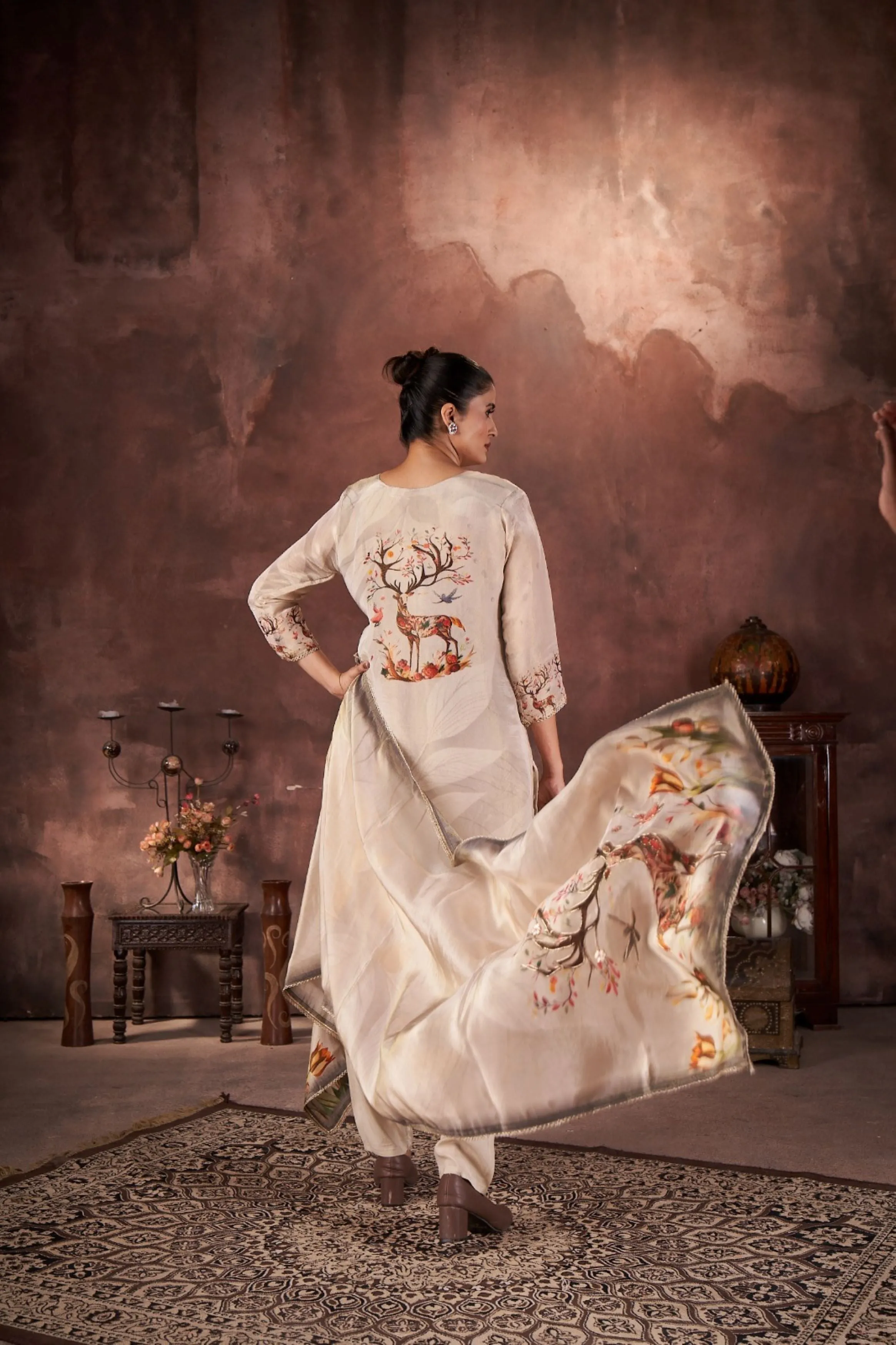 Cream Embellished Crepe Silk Kurta Pant Set
