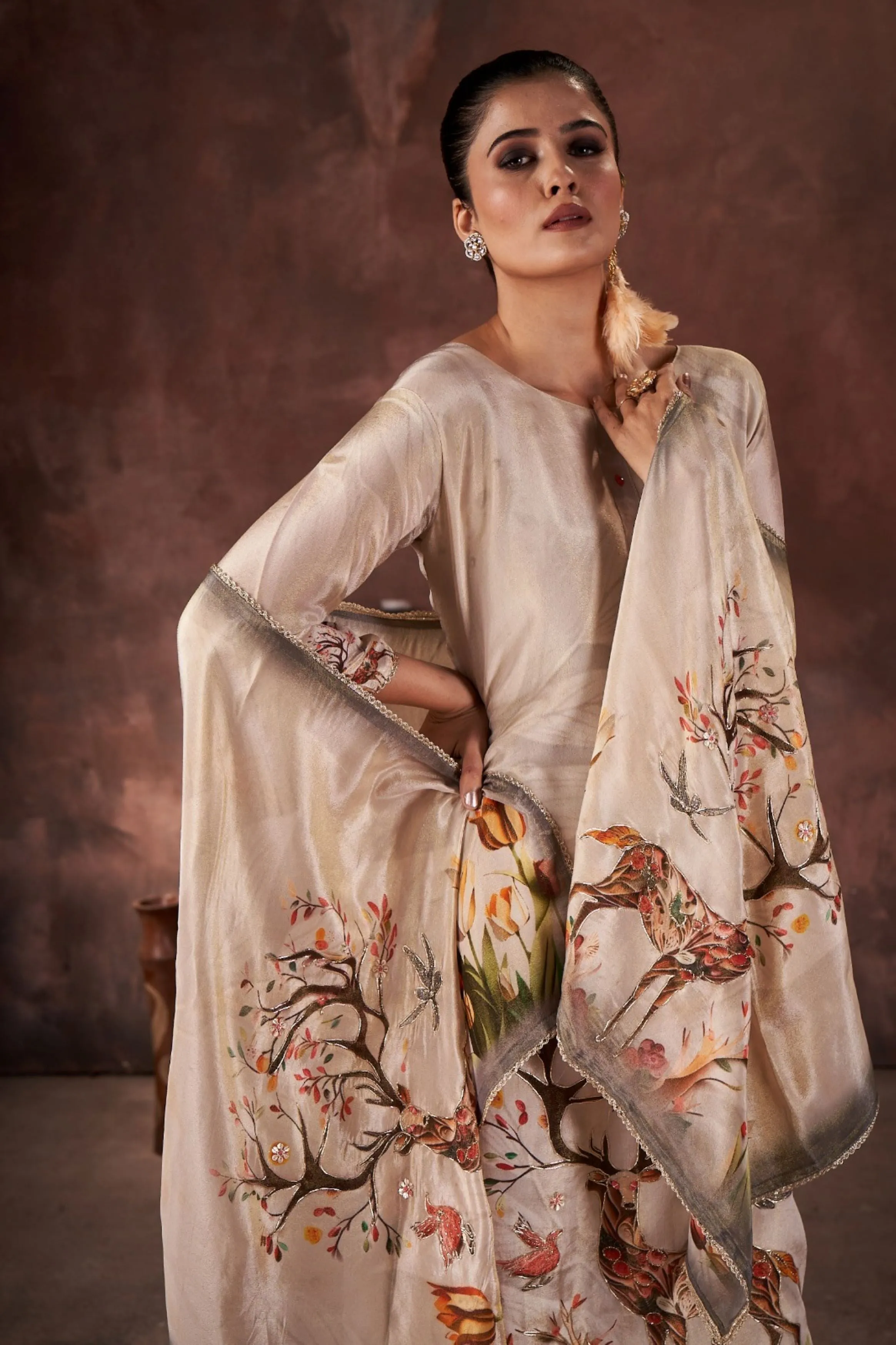 Cream Embellished Crepe Silk Kurta Pant Set