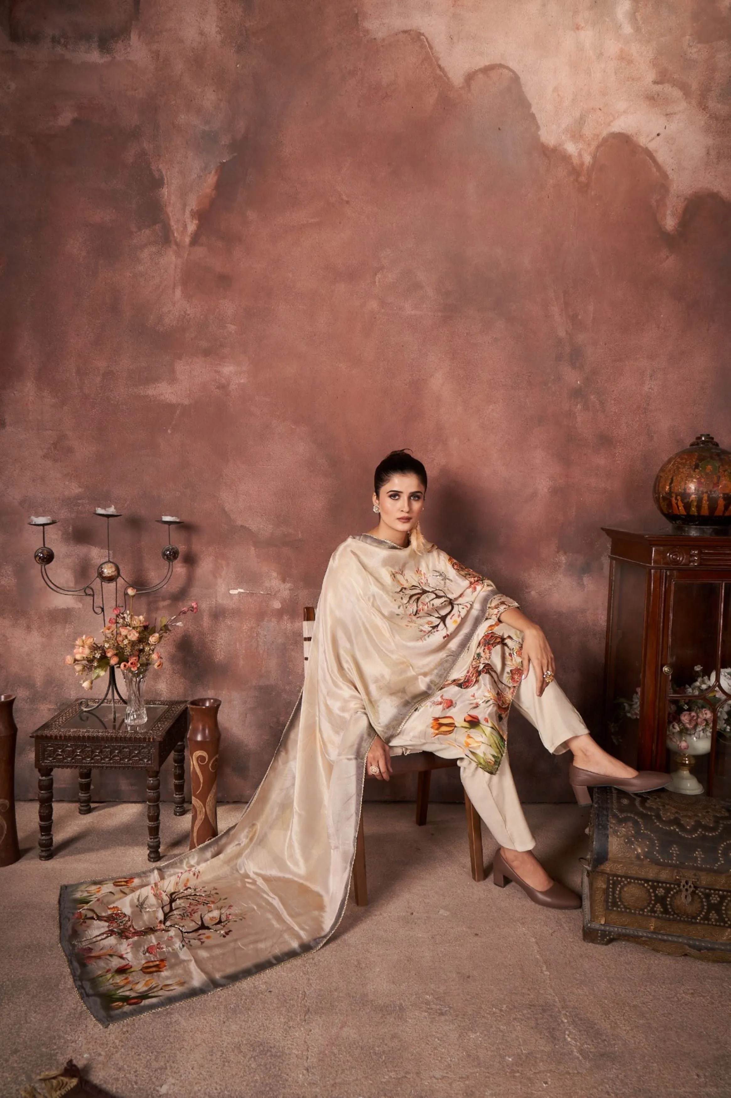 Cream Embellished Crepe Silk Kurta Pant Set