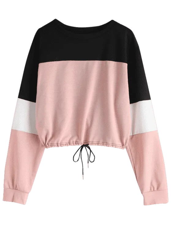 Cute Drawstring Color Block Pullover Sweatshirt