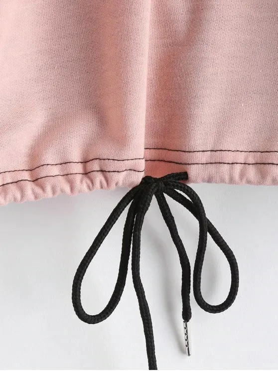 Cute Drawstring Color Block Pullover Sweatshirt