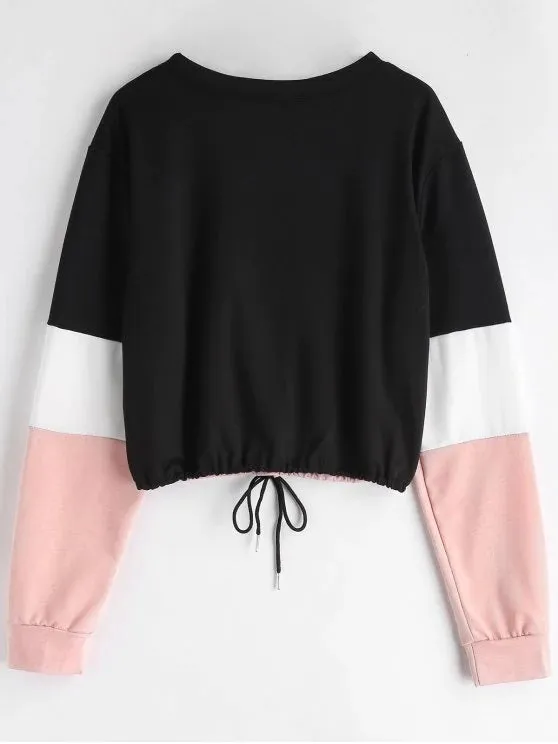 Cute Drawstring Color Block Pullover Sweatshirt
