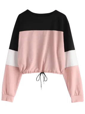 Cute Drawstring Color Block Pullover Sweatshirt