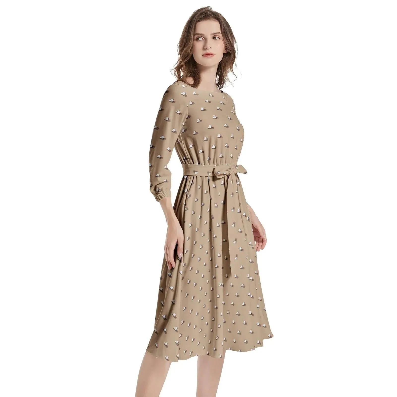 Dark Brown Casket on Light Brown - Boat Neck Belted Flared Dress