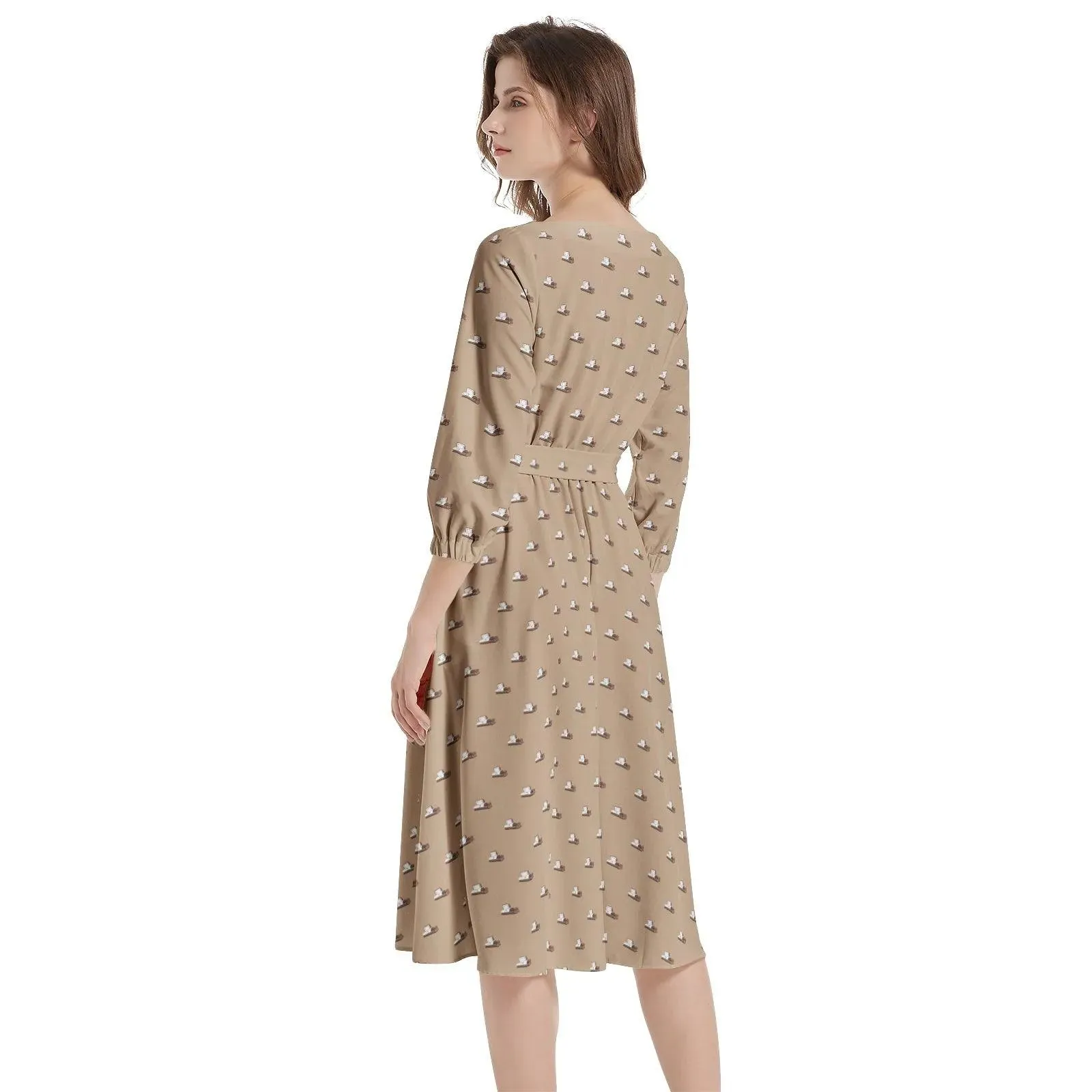 Dark Brown Casket on Light Brown - Boat Neck Belted Flared Dress