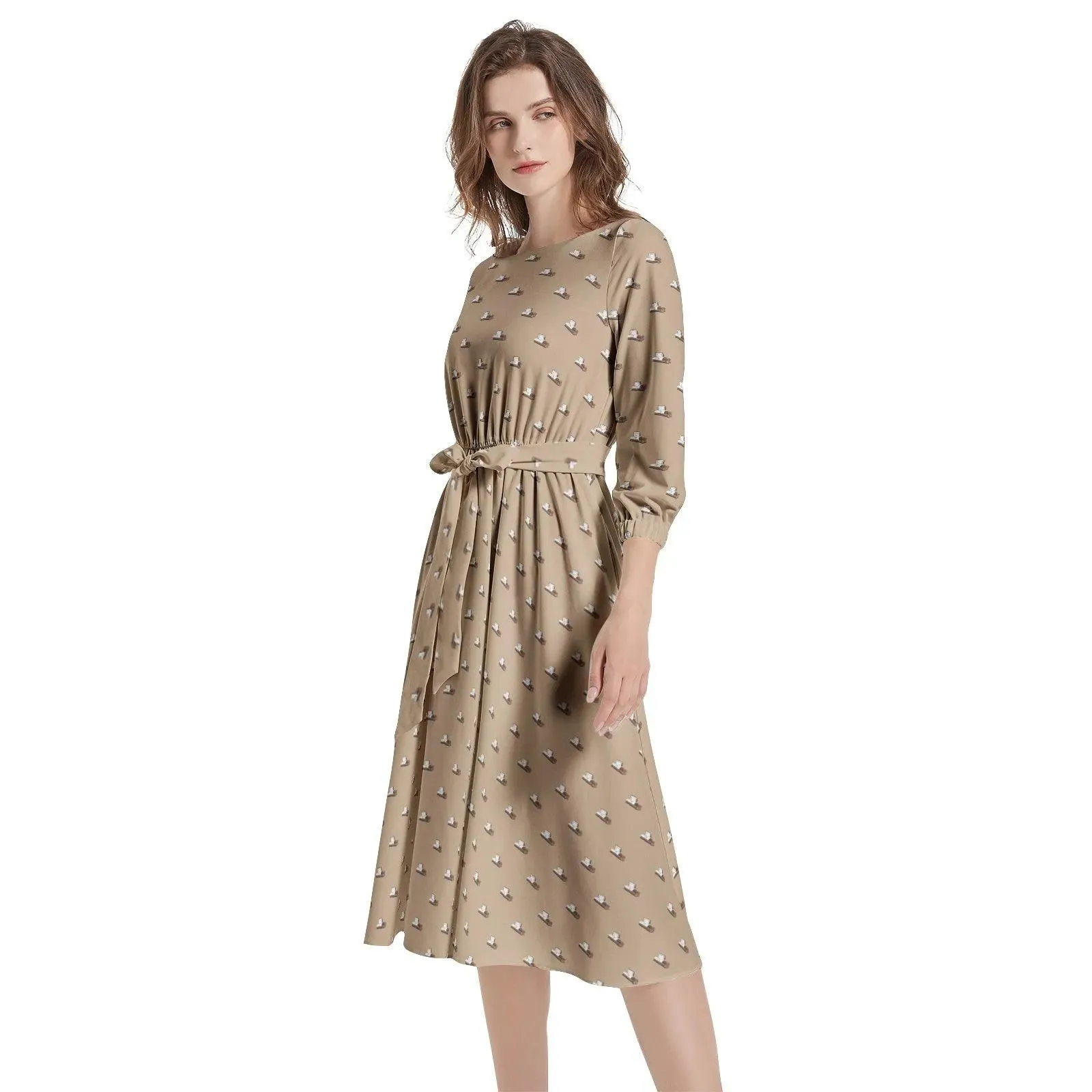 Dark Brown Casket on Light Brown - Boat Neck Belted Flared Dress