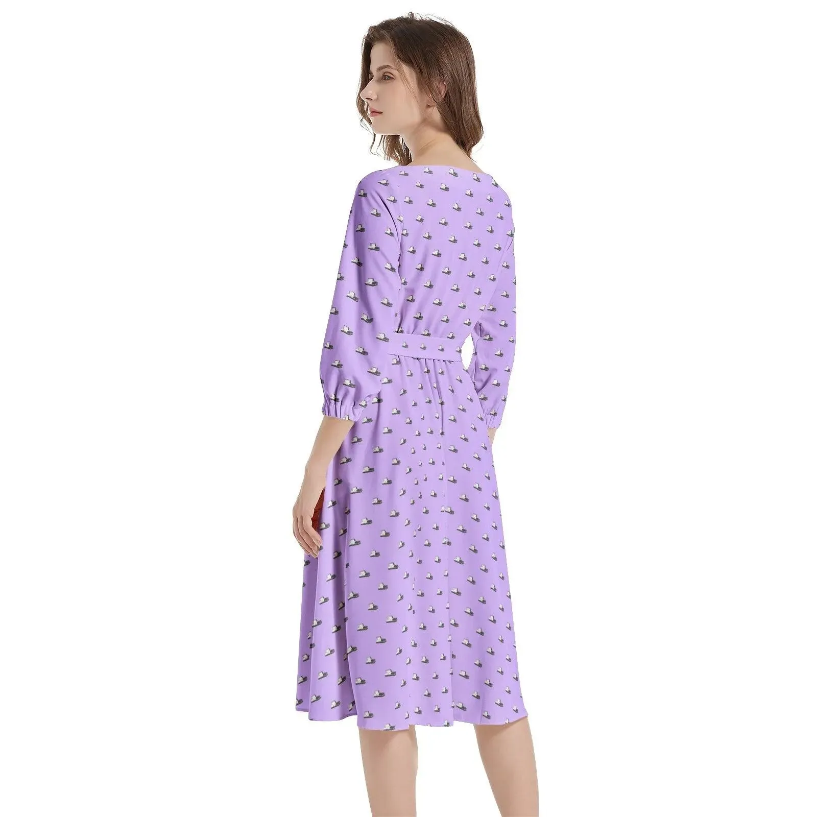 Dark Grey Casket on Light Purple - Boat Neck Belted Flared Dress