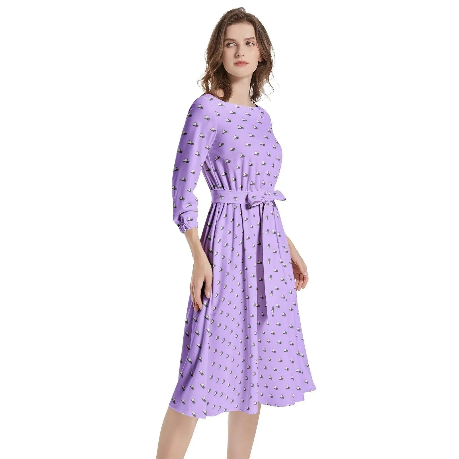 Dark Grey Casket on Light Purple - Boat Neck Belted Flared Dress