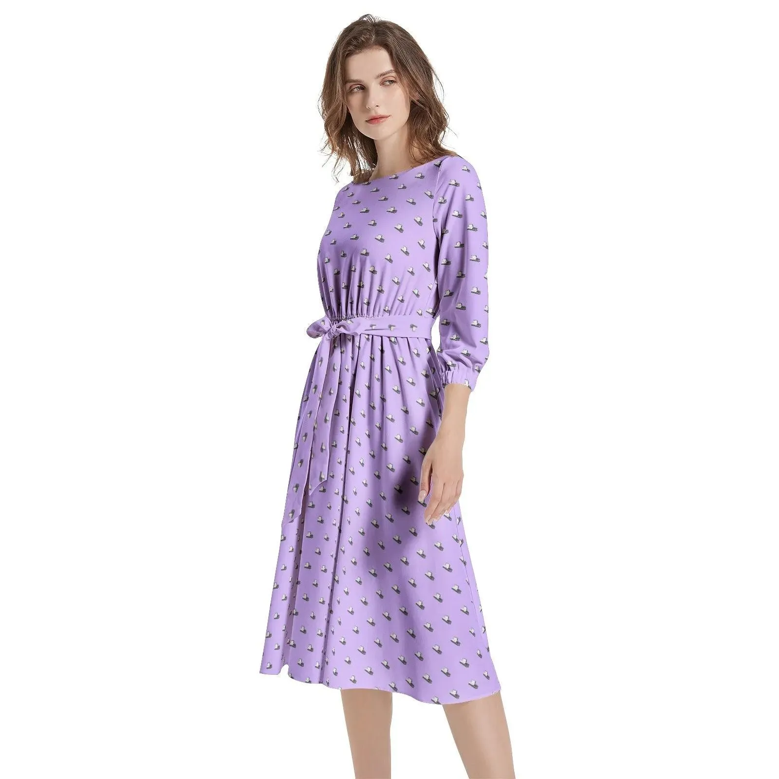 Dark Grey Casket on Light Purple - Boat Neck Belted Flared Dress