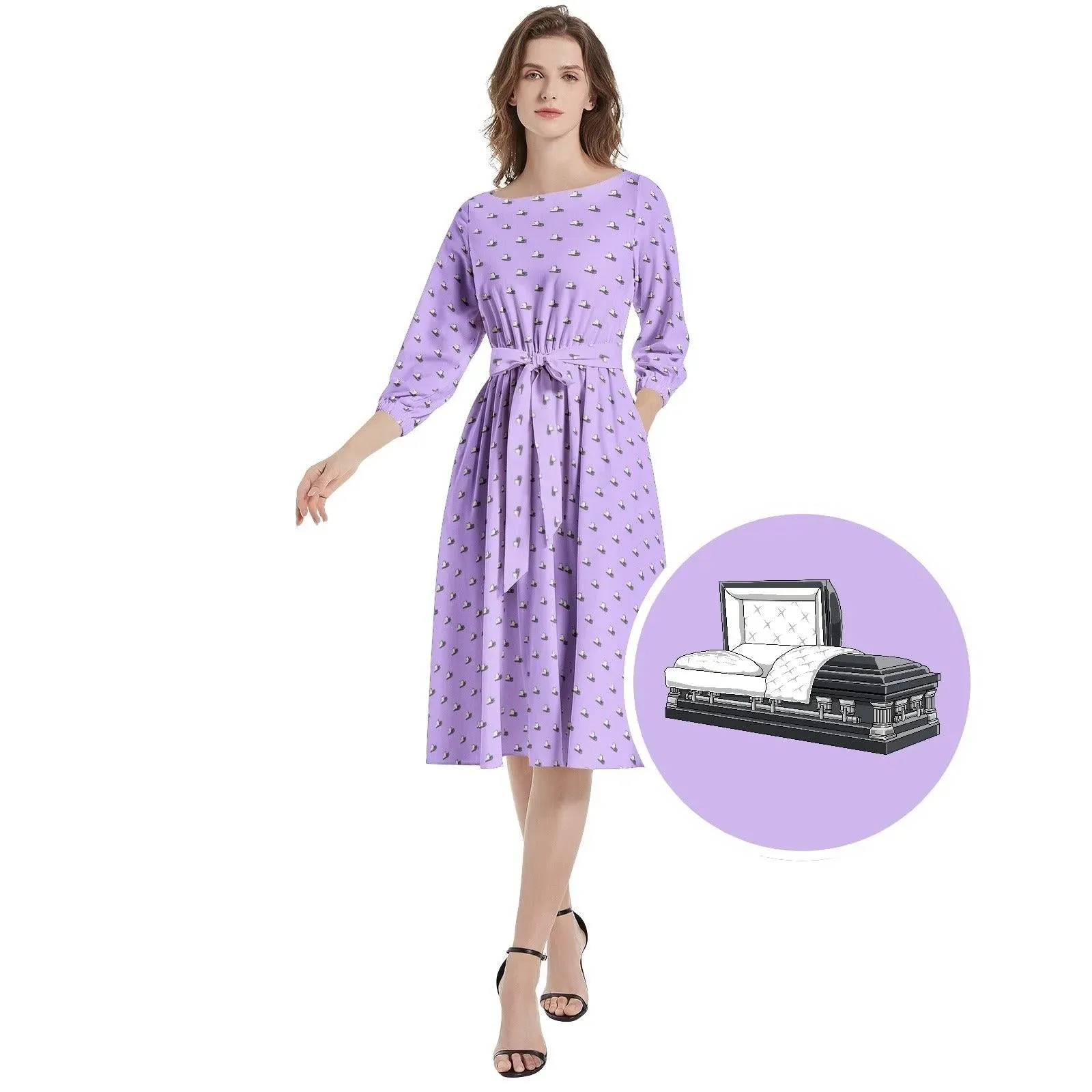 Dark Grey Casket on Light Purple - Boat Neck Belted Flared Dress