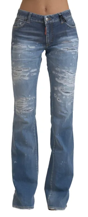 Dsquared² Blue Tattered Mid Waist Flared Denim Jeans