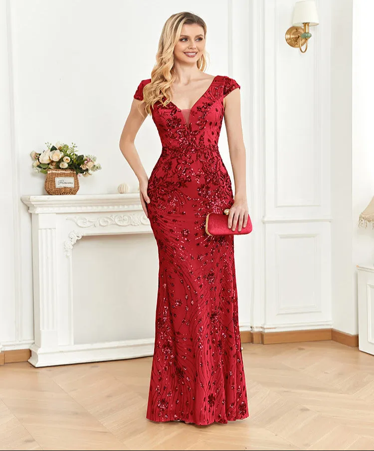 Elegant Lace V-Neck Sequined Evening Dress