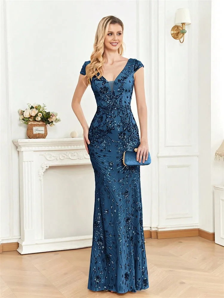 Elegant Lace V-Neck Sequined Evening Dress