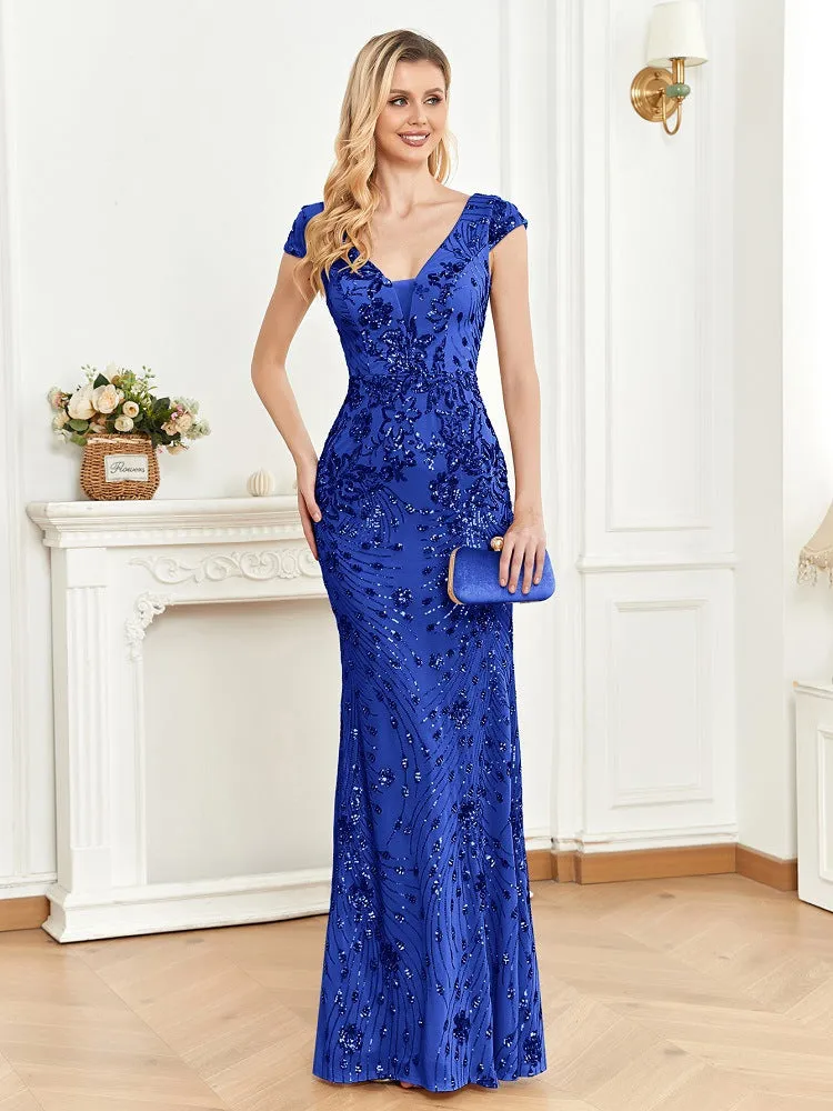 Elegant Lace V-Neck Sequined Evening Dress