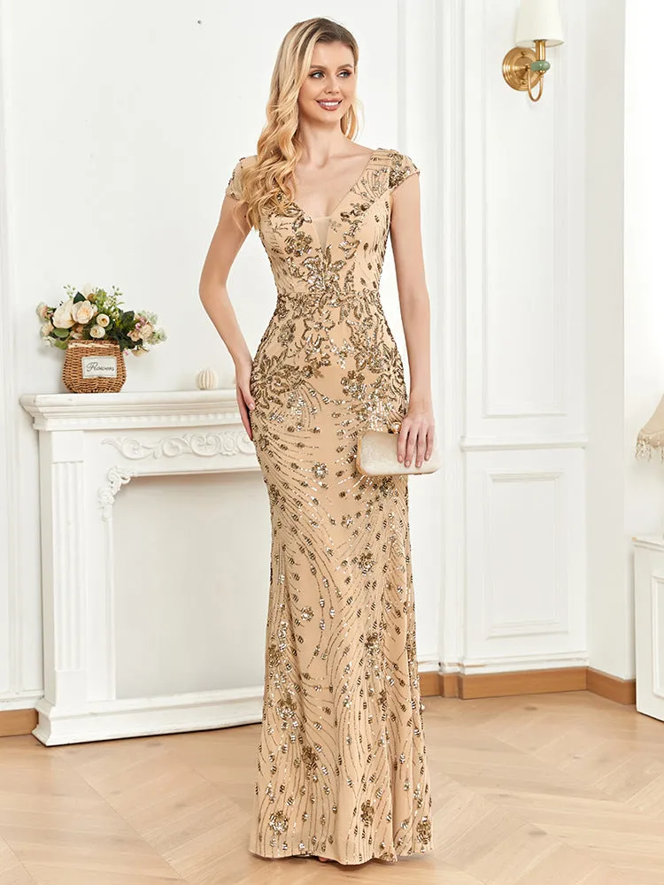 Elegant Lace V-Neck Sequined Evening Dress