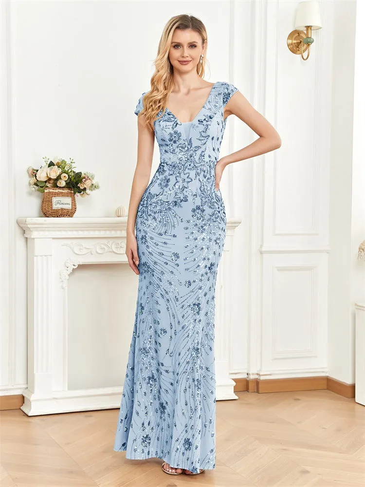 Elegant Lace V-Neck Sequined Evening Dress