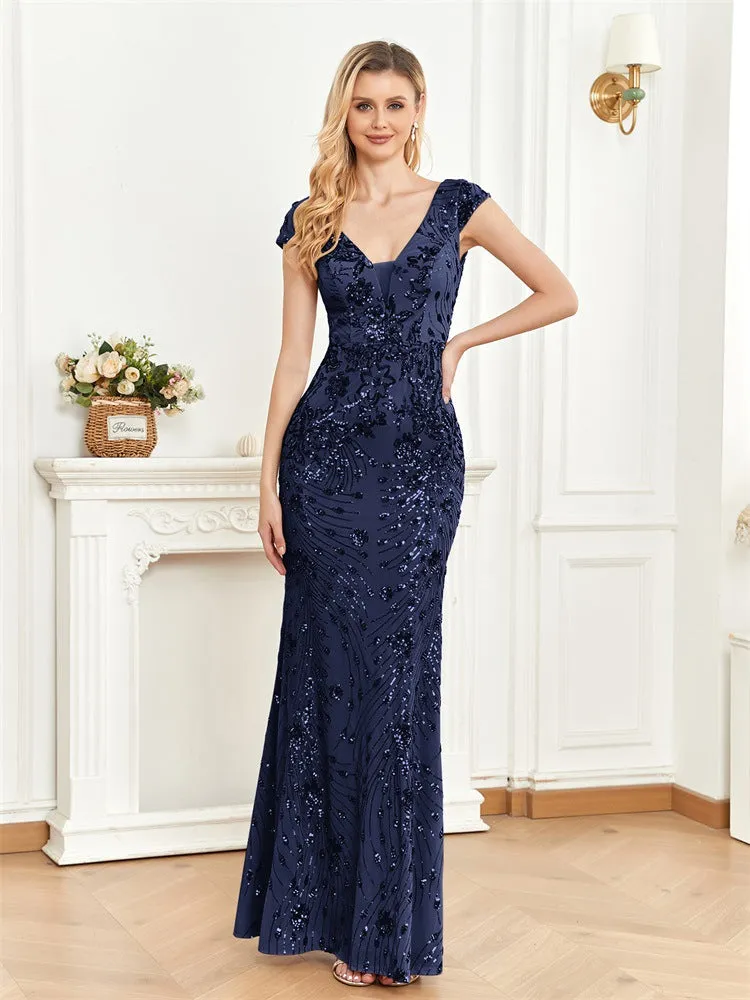 Elegant Lace V-Neck Sequined Evening Dress