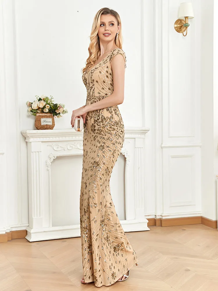 Elegant Lace V-Neck Sequined Evening Dress