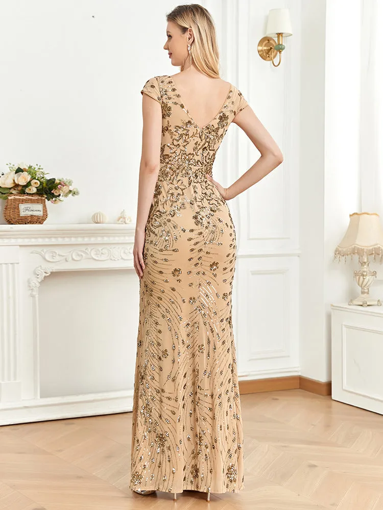 Elegant Lace V-Neck Sequined Evening Dress