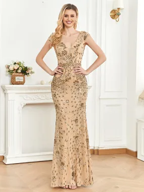 Elegant Lace V-Neck Sequined Evening Dress