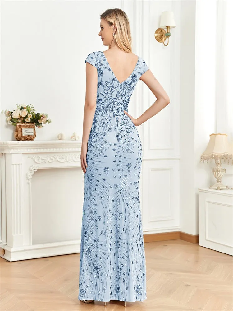 Elegant Lace V-Neck Sequined Evening Dress