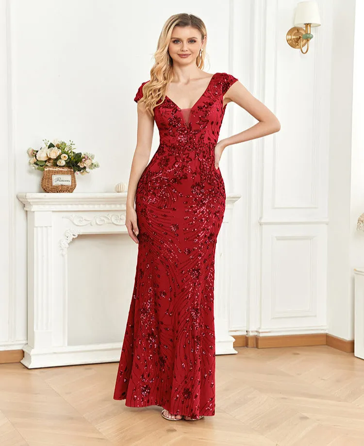 Elegant Lace V-Neck Sequined Evening Dress