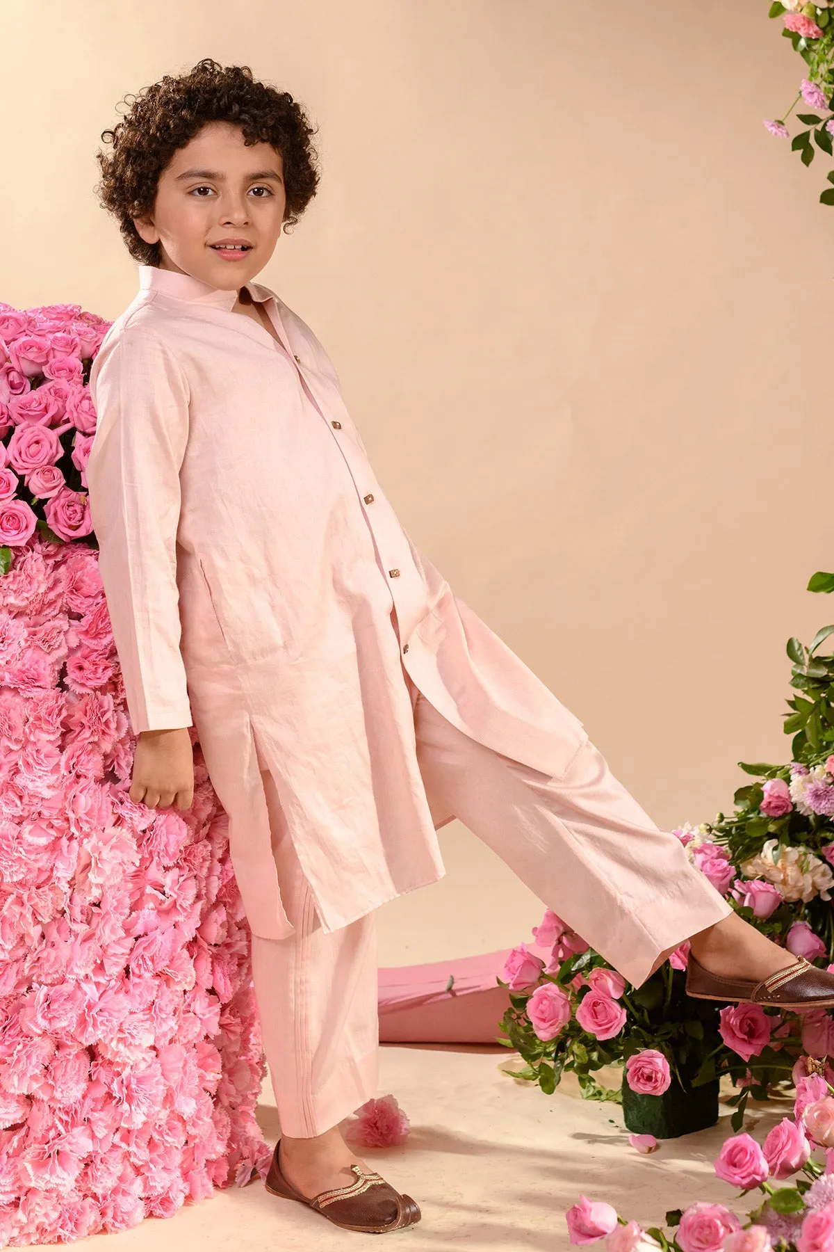 Farrokh- Embroidered Pink Achkan Paired With Matching Kurta  &  Trouser Set
