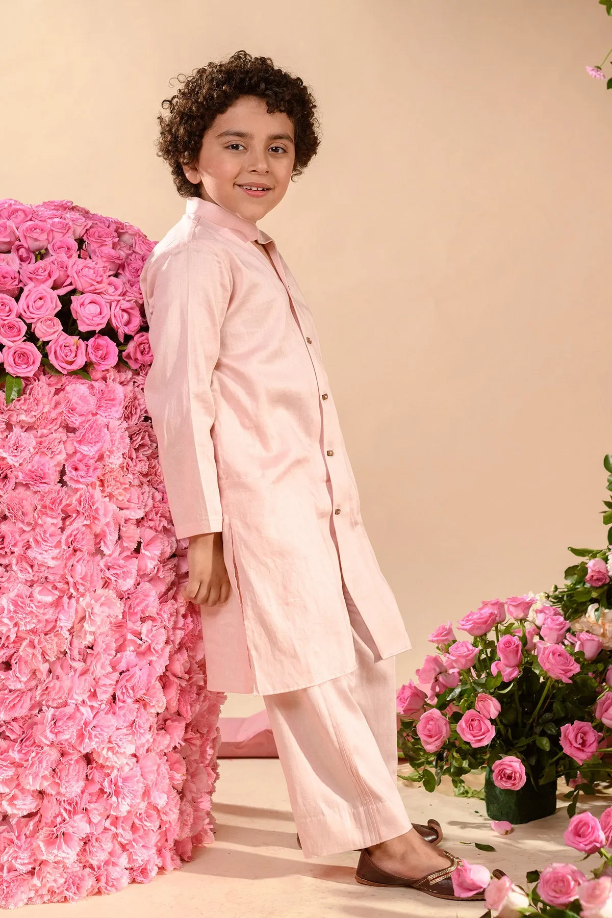 Farrokh- Embroidered Pink Achkan Paired With Matching Kurta  &  Trouser Set