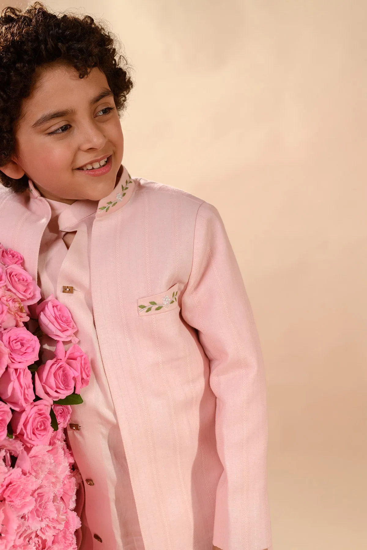 Farrokh- Embroidered Pink Achkan Paired With Matching Kurta  &  Trouser Set