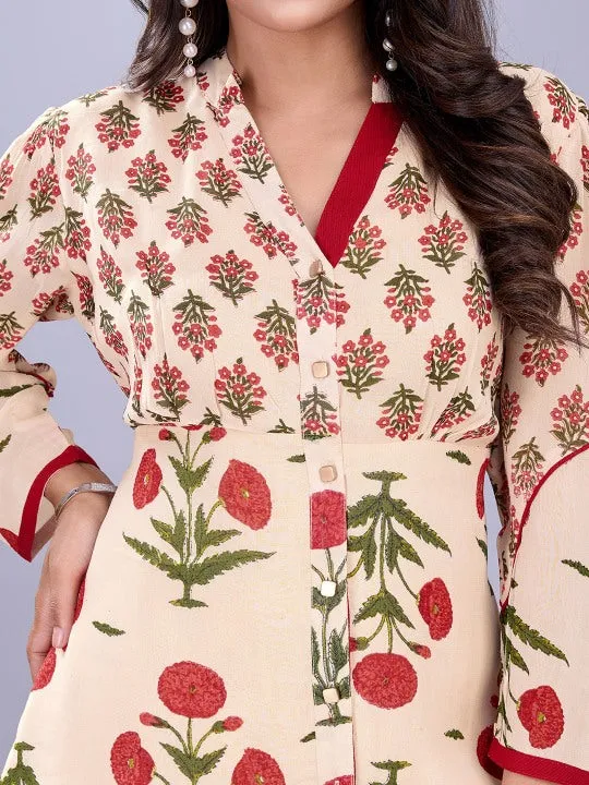 floral printed mandarin collar shirt with three fourth sleeves & flared pants  georgette set - Multi