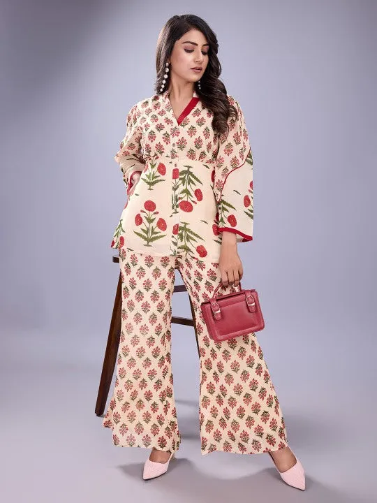 floral printed mandarin collar shirt with three fourth sleeves & flared pants  georgette set - Multi