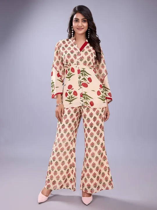 floral printed mandarin collar shirt with three fourth sleeves & flared pants  georgette set - Multi