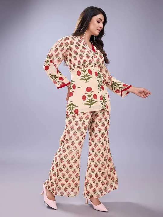 floral printed mandarin collar shirt with three fourth sleeves & flared pants  georgette set - Multi