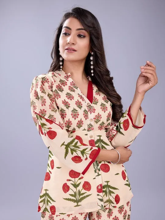 floral printed mandarin collar shirt with three fourth sleeves & flared pants  georgette set - Multi