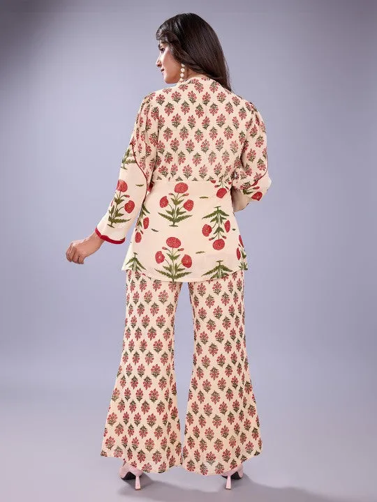 floral printed mandarin collar shirt with three fourth sleeves & flared pants  georgette set - Multi