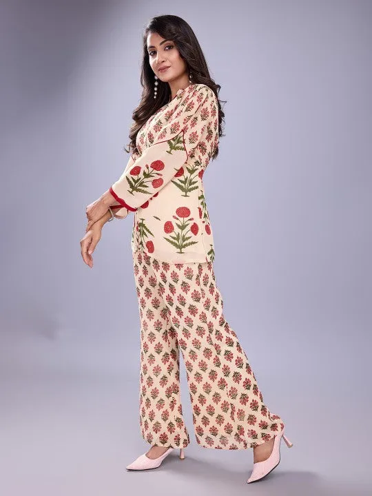 floral printed mandarin collar shirt with three fourth sleeves & flared pants  georgette set - Multi