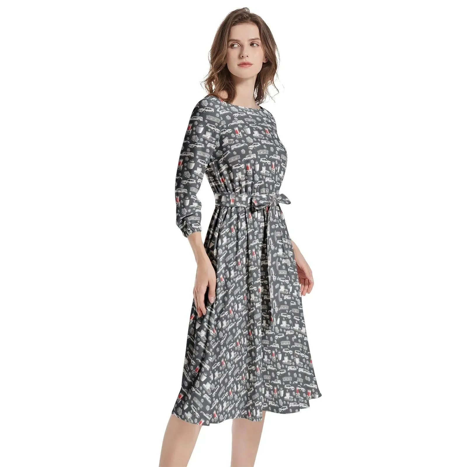 FUNeral Whiteout - Boat Neck Belted Flared Dress