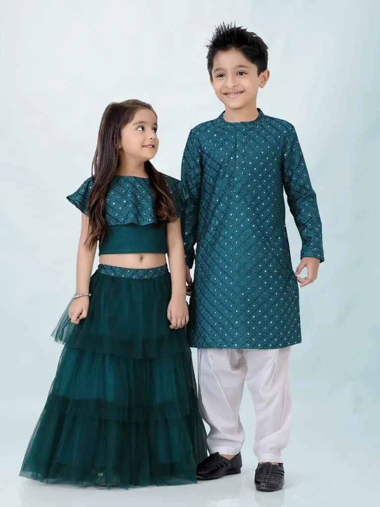 Girl's Faux Miror Flap Choli With Mesh Flared Ghaghra With Mirror Belt-Peacock Green - Lil Peacock