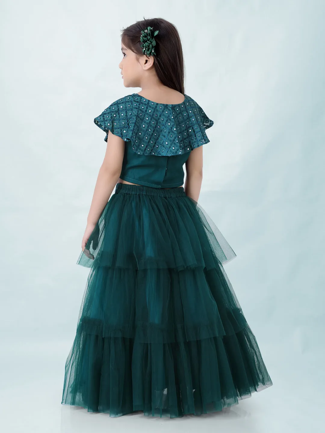 Girl's Faux Miror Flap Choli With Mesh Flared Ghaghra With Mirror Belt-Peacock Green - Lil Peacock