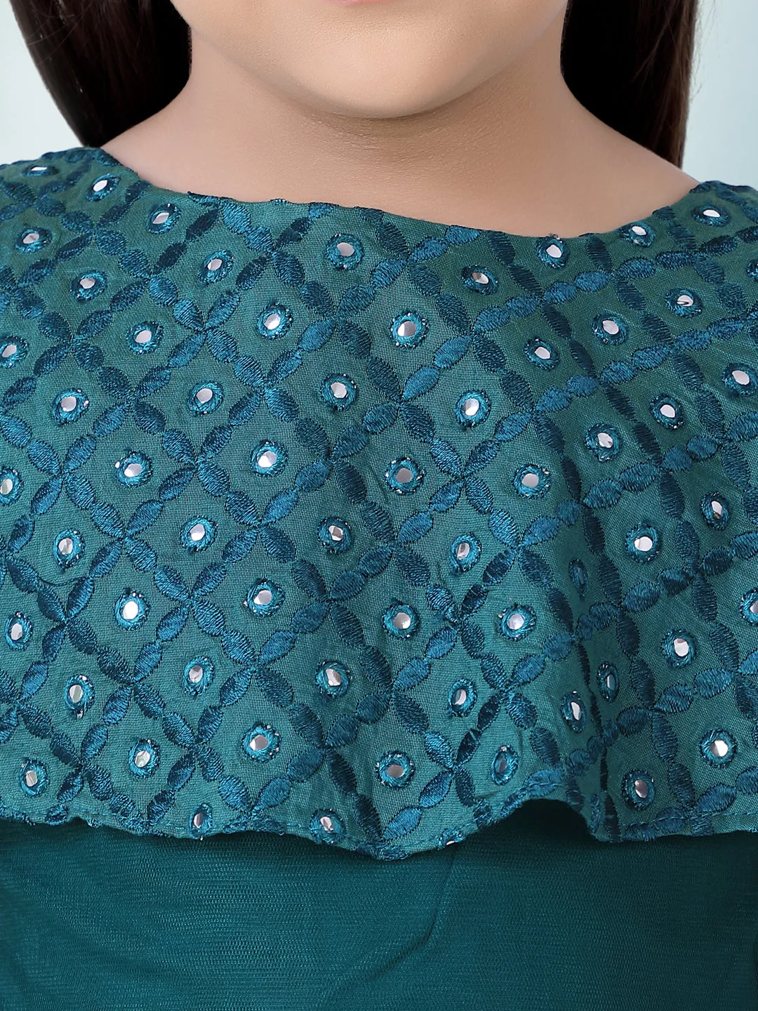 Girl's Faux Miror Flap Choli With Mesh Flared Ghaghra With Mirror Belt-Peacock Green - Lil Peacock