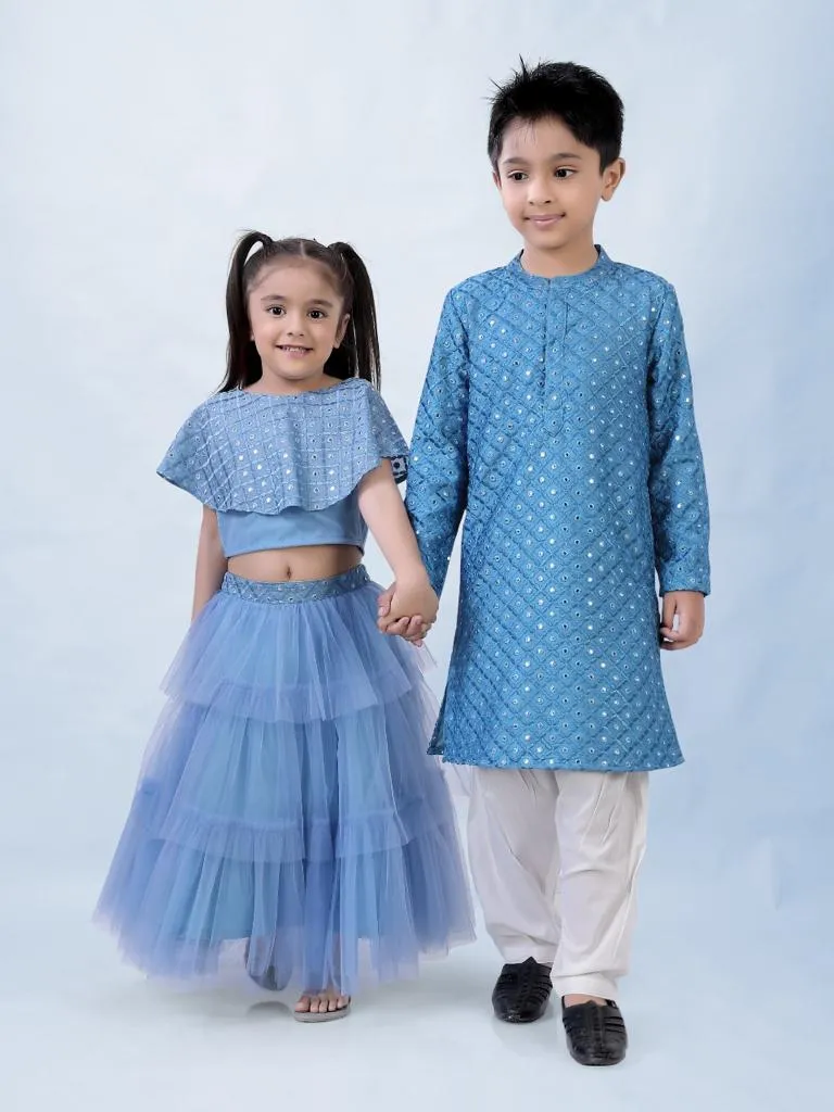 Girl's Faux Miror Flap Choli With Mesh Flared Ghaghra With Mirror Belt-Powder Blue - Lil Peacock