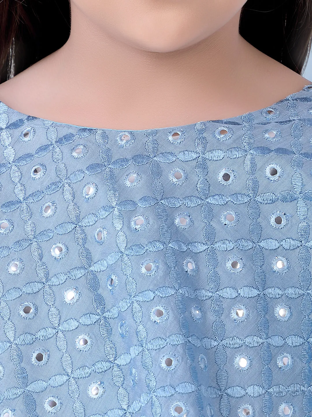 Girl's Faux Miror Flap Choli With Mesh Flared Ghaghra With Mirror Belt-Powder Blue - Lil Peacock