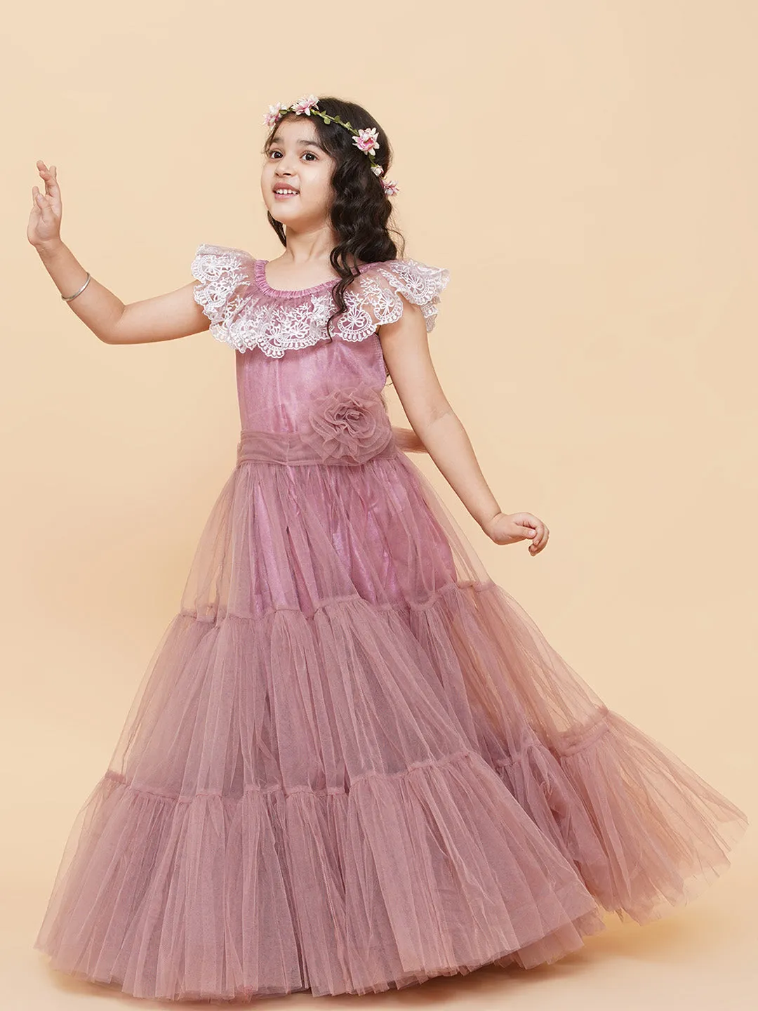 Girls Pink & White Floral Embroidered Net Mexi Dress