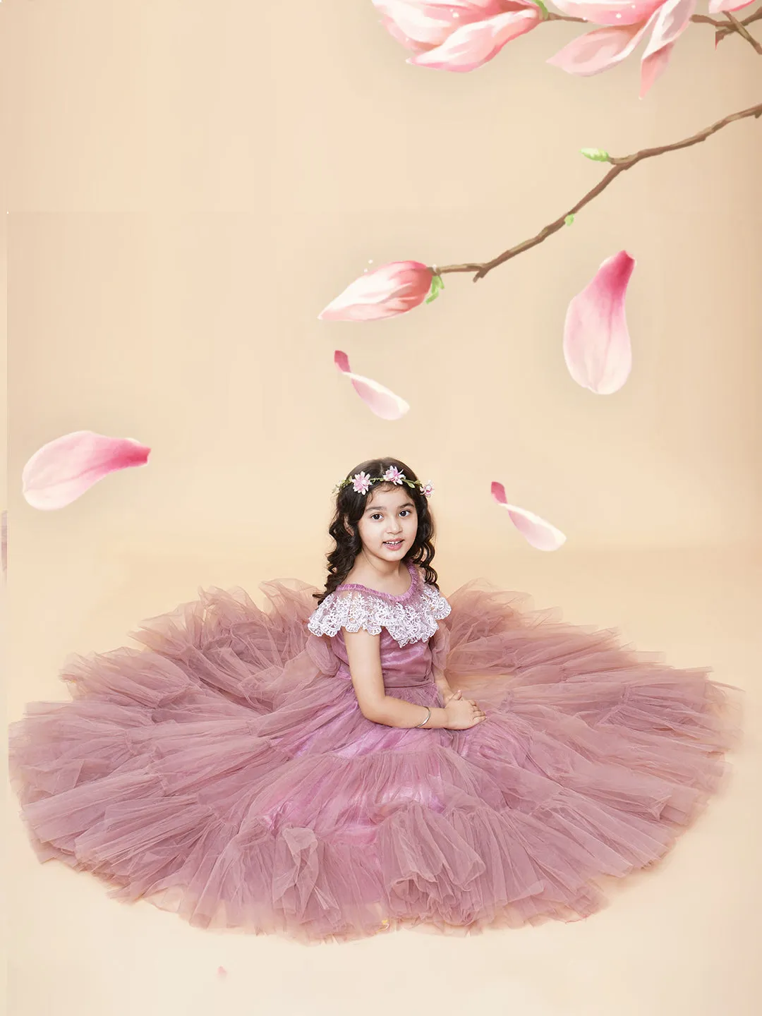 Girls Pink & White Floral Embroidered Net Mexi Dress